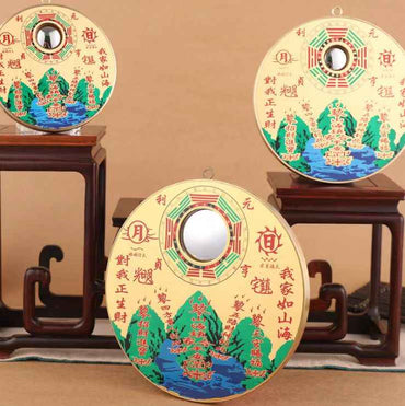 Brass Engraved Mountain & Sea Wall Plaque – Laser-Colored Feng Shui Round Talisman