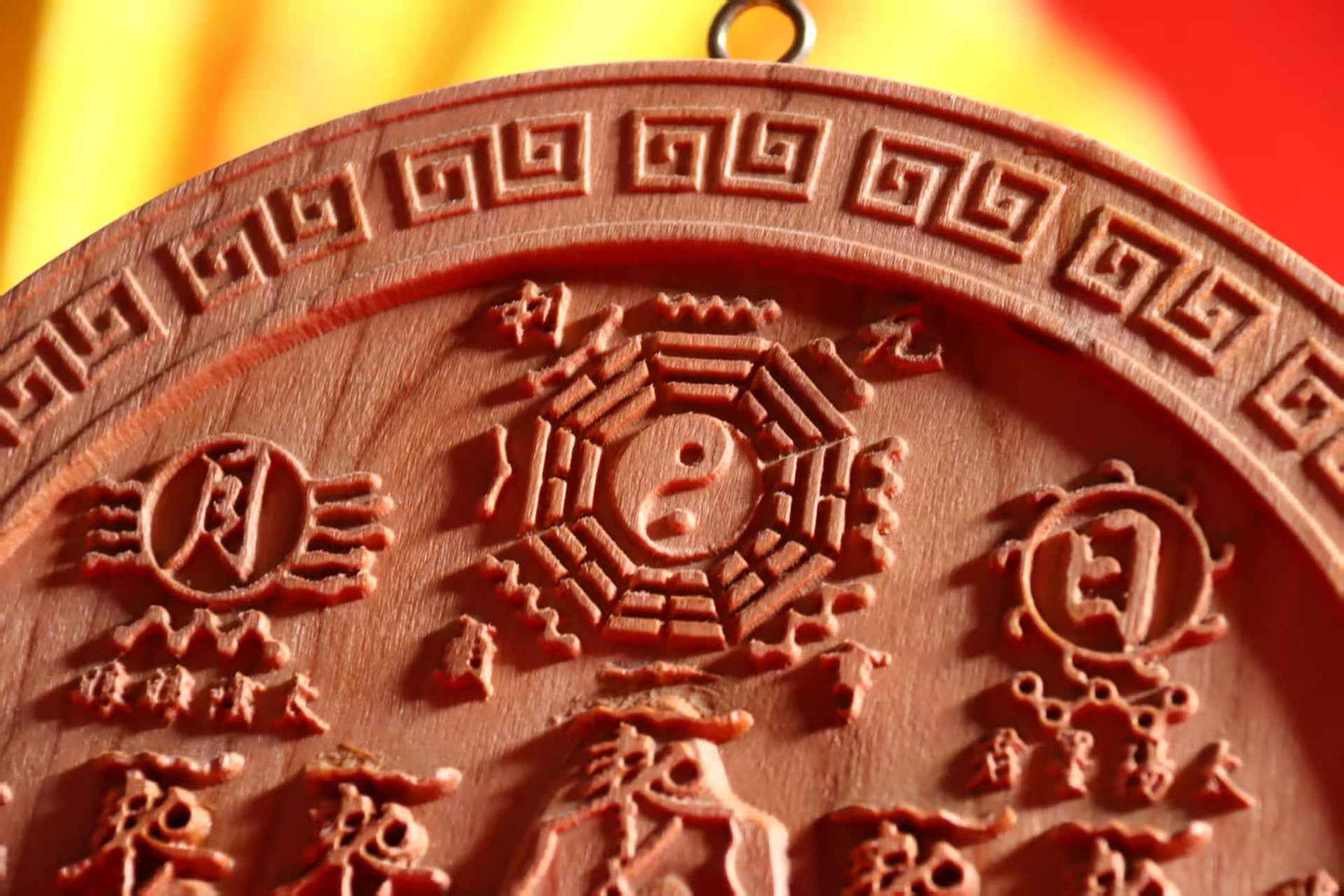 Circular Peach Wood Mountain & Sea Plaque - Antique Feng Shui Home Blessing (19cm Diameter)