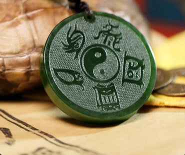 Hetian Bi Jade "Five Sacred Peaks" Pendant – Tai Chi & Wu Yue Zhen Xing Talisman (3.8cm)