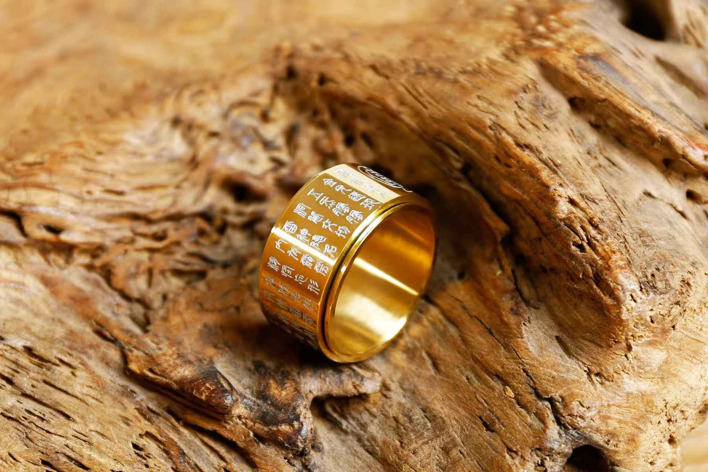 Golden Light Mantra Titanium Steel Rotating Ring – Taoist Symbol Spinner Band (18mm)