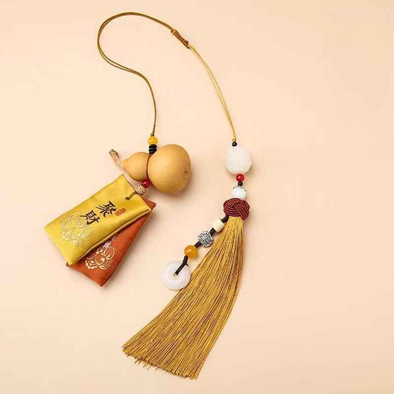 Product Name: Hand-Embroidered Calabash Sachet Pendant - Elegant Car Hanging Decor with Silk Tassel & Sandalwood