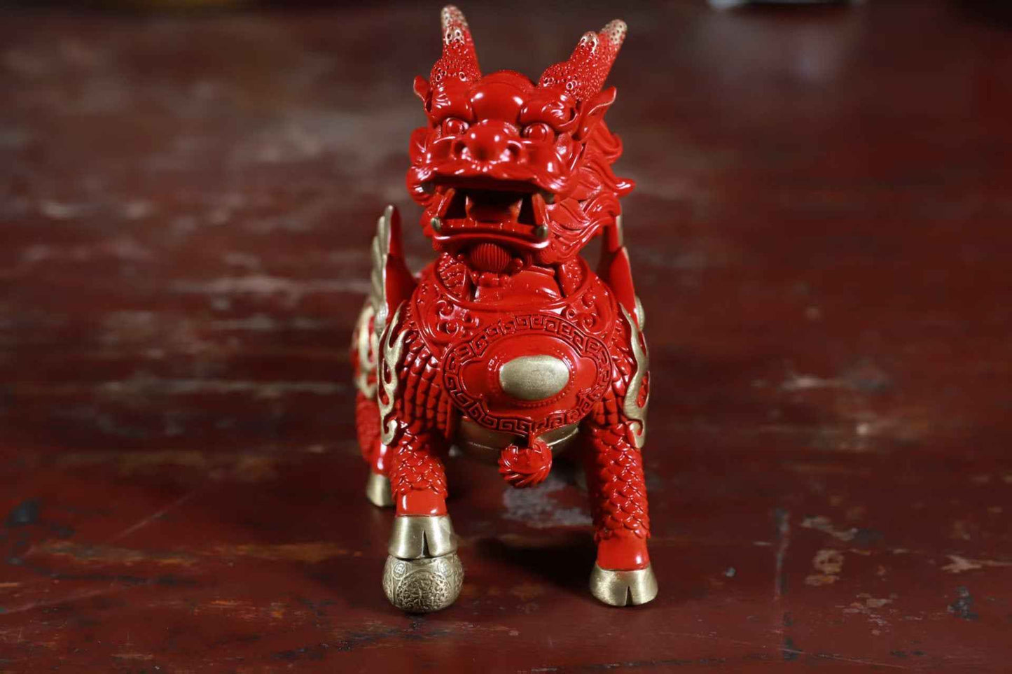 Hand-Painted Brass Red Qilin Sculpture – Feng Shui Prosperity Guardian in Three Sizes