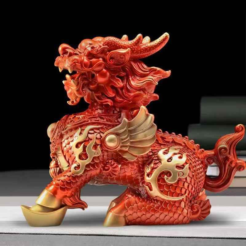 Hand-Painted Brass Red Qilin Sculpture – Feng Shui Prosperity Guardian in Three Sizes
