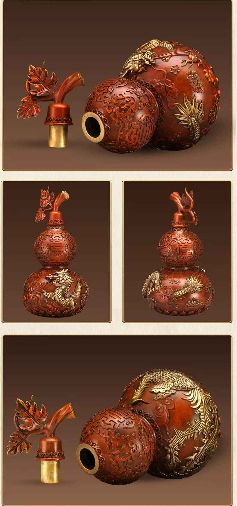 Hand-Painted Brass Dragon-Phoenix Gourd Sculpture – Harmonious Feng Shui Talisman in Three Sizes