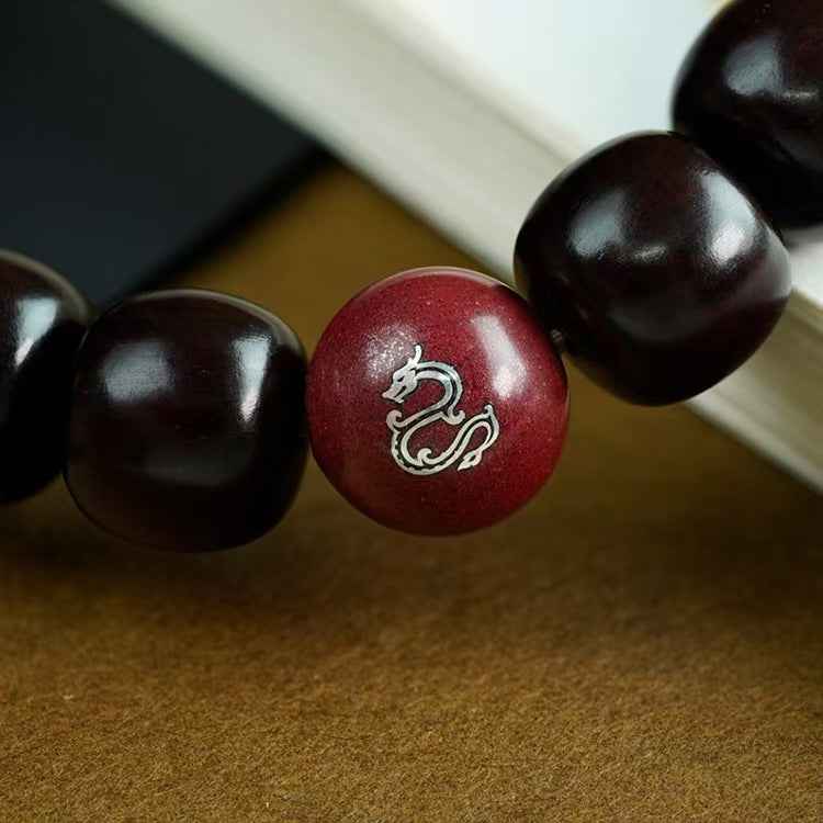 Harmonic Elements Bracelet - Hetian Jade & Silver-Inlaid Rosewood Beads with Amber & Cinnabar