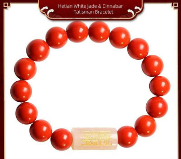 Hetian White Jade & Cinnabar Talisman Bracelet – Spiritual Harmony & Artisanal Mastery