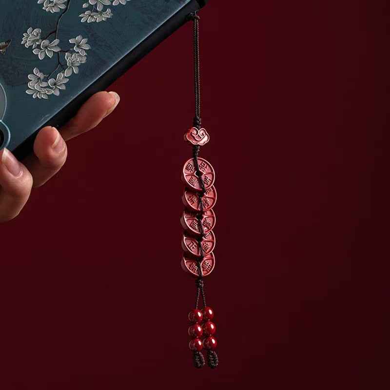 Imperial Cinnabar Five Emperor Coins Amulet - Auspicious Wealth Talisman (15mm|Taoist Blessings)