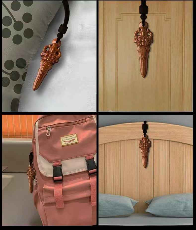 Lightning-Struck Jujube Wood Lion & Sword Pendant – Spiritual Guardian Amulet