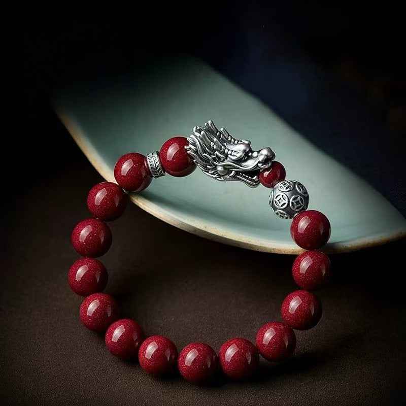 Mystical Silver Dragon Cinnabar Bracelet - Sterling & Fine Silver Energy Talisman (53.4g|16-17cm Wrist)