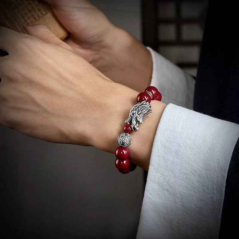 Mystical Silver Dragon Cinnabar Bracelet - Sterling & Fine Silver Energy Talisman (53.4g|16-17cm Wrist)
