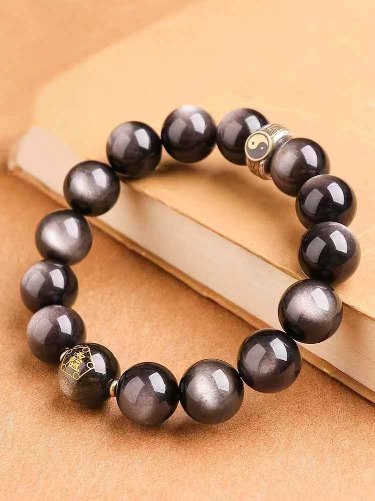 Nine Mantra Five Wealth Deities Bracelet S925 Silver | Triple Obsidian Variants