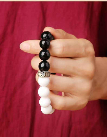 Nine Syllable Mantra Tai Chi Bracelet S925 Sterling Silver | Obsidian & White Jade Beads