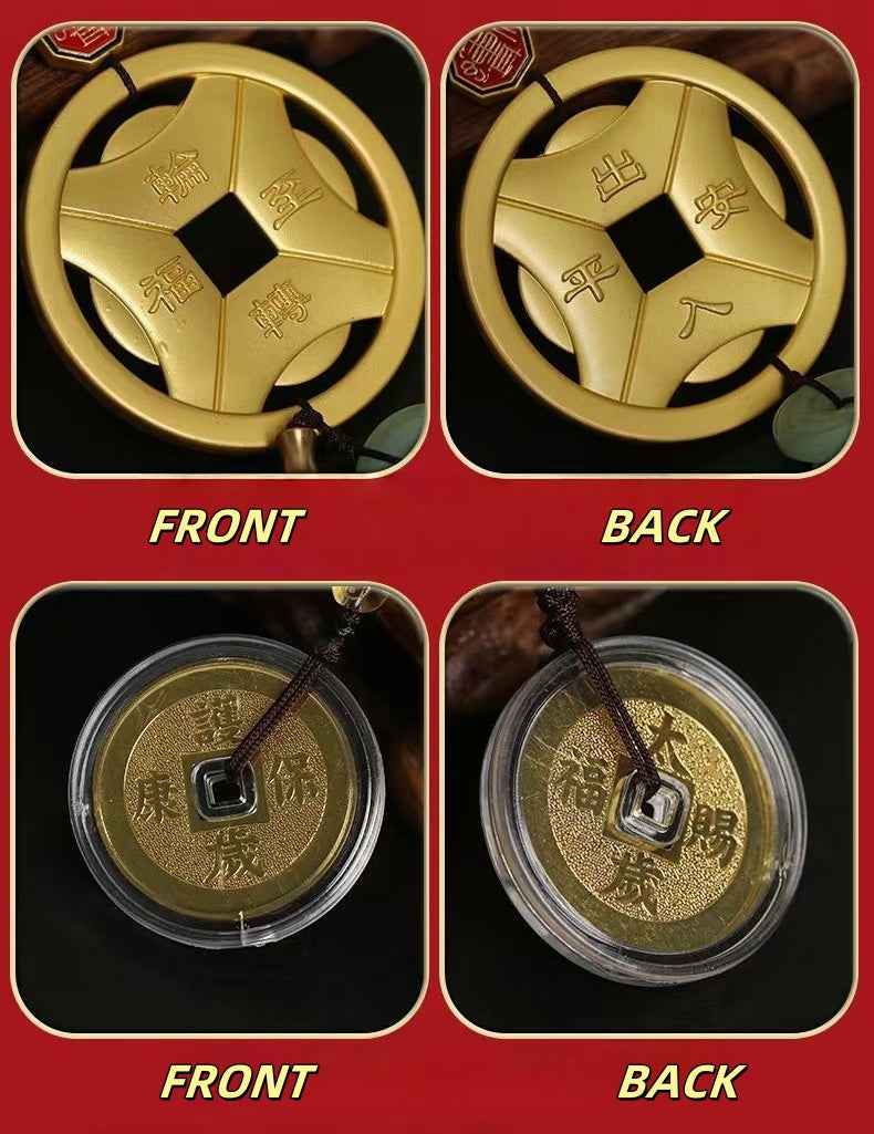 Prosperity Coin Wheel Brass Amulet - Solid Brass Feng Shui Wall Hanging (37cm|Cultural Wealth Symbol)