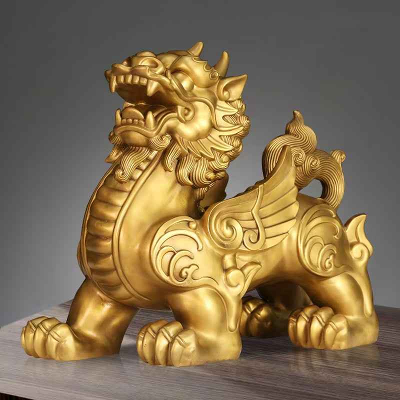 Pure Brass Pi Xiu Tower Sculpture – Feng Shui Wealth Guardian Set in Three Sizes