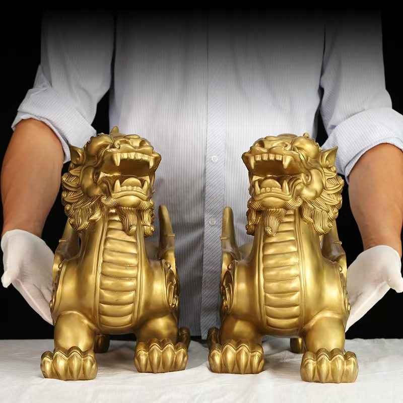 Pure Brass Pi Xiu Tower Sculpture – Feng Shui Wealth Guardian Set in Three Sizes