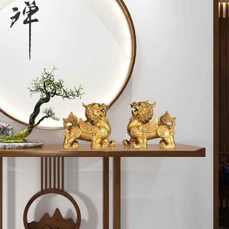 Pure Brass Pi Xiu Tower Sculpture – Feng Shui Wealth Guardian Set in Three Sizes