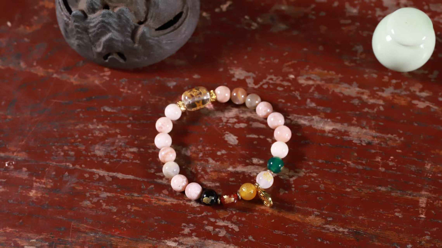 Sunstone Abundance Bracelet - 8mm Solar Energized Jewelry with Five Wealth Gods Charm