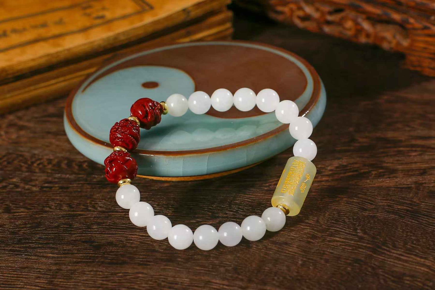 Triple Harmony Zodiac Bracelet – White Jade, Xiuyan Jade & Cinnabar Energy Jewelry