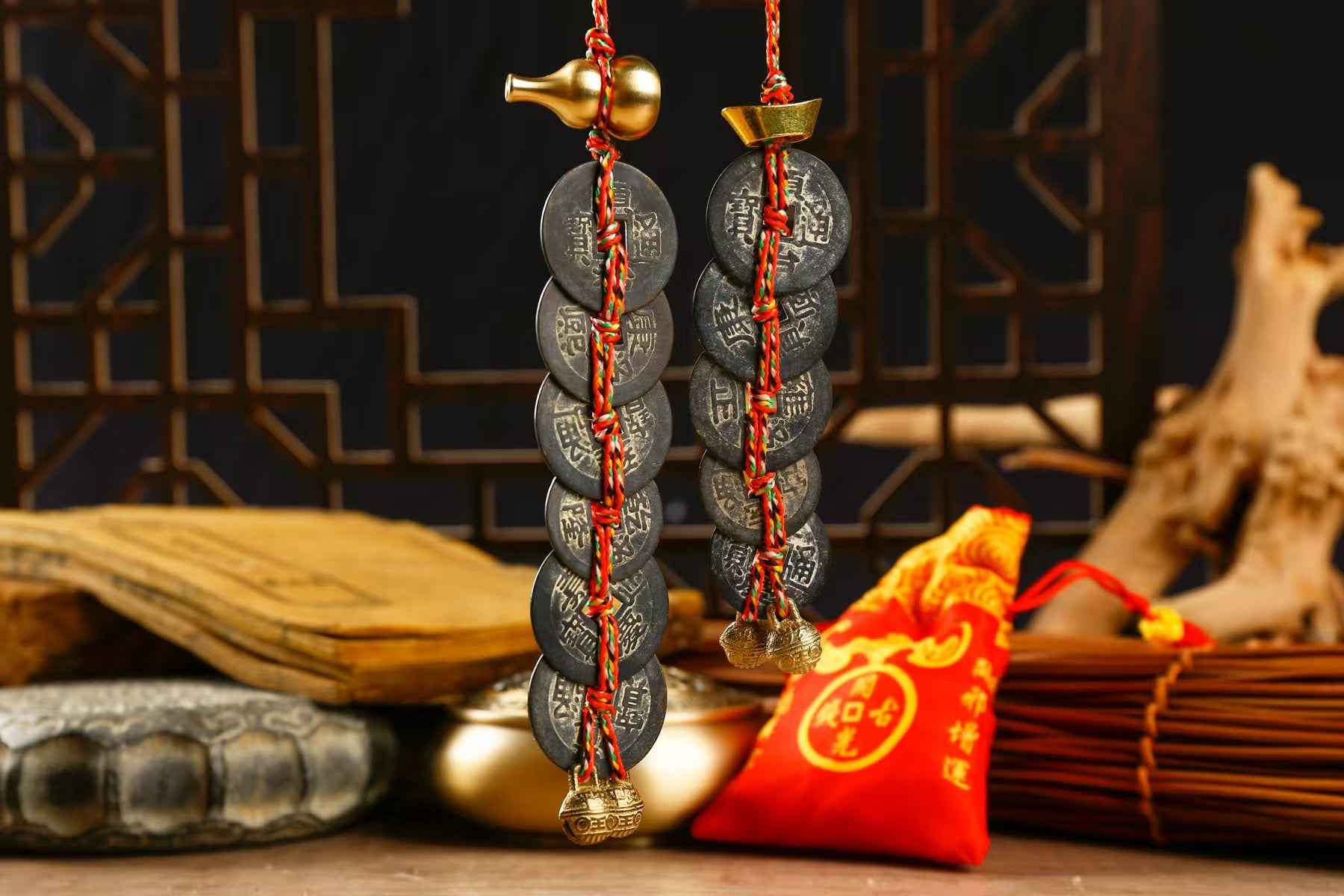 Antique-style Five &amp; Six Emperor Coins Amulet – Feng Shui Wealth Charm Hanging Decor