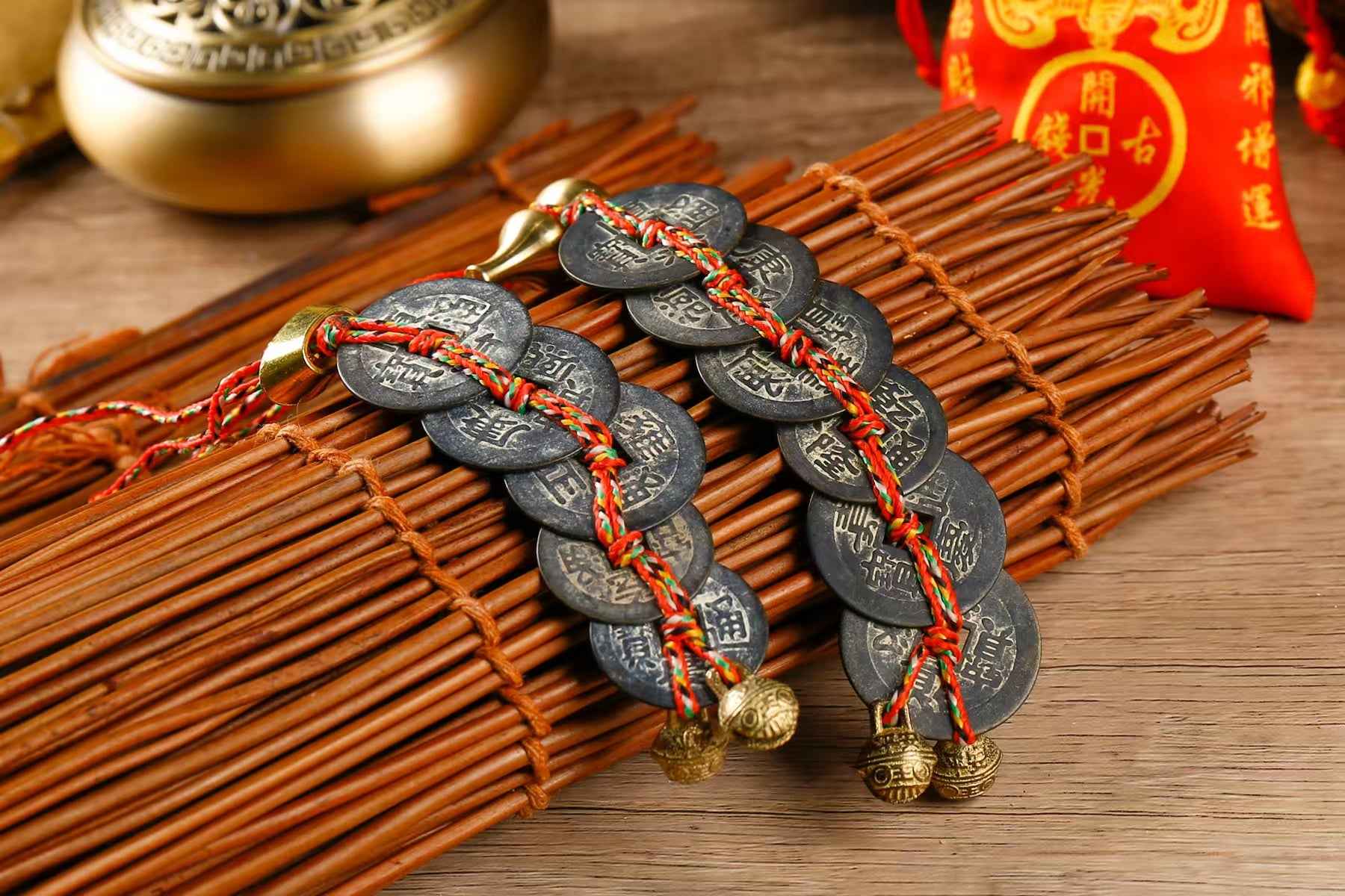 Antique-style Five &amp; Six Emperor Coins Amulet – Feng Shui Wealth Charm Hanging Decor