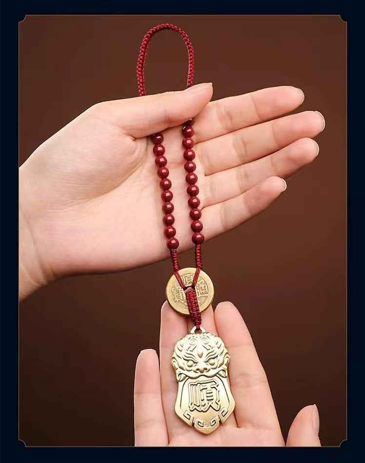 Beast Guardian Talisman with Five Emperor Coins - Solid Brass Feng Shui Amulet (90×50×5mm｜66g)