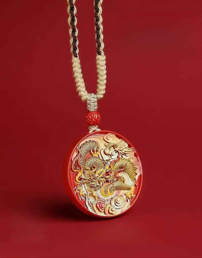 Cinnabar Dragon Talisman Pendant - Hand-Painted & Micro-Carved Spiritual Jewelry (38.5mm｜5.5mm)