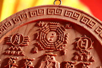 Circular Peach Wood Mountain & Sea Plaque - Antique Feng Shui Home Blessing (19cm Diameter)