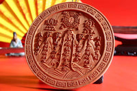 Circular Peach Wood Mountain & Sea Plaque - Antique Feng Shui Home Blessing (19cm Diameter)