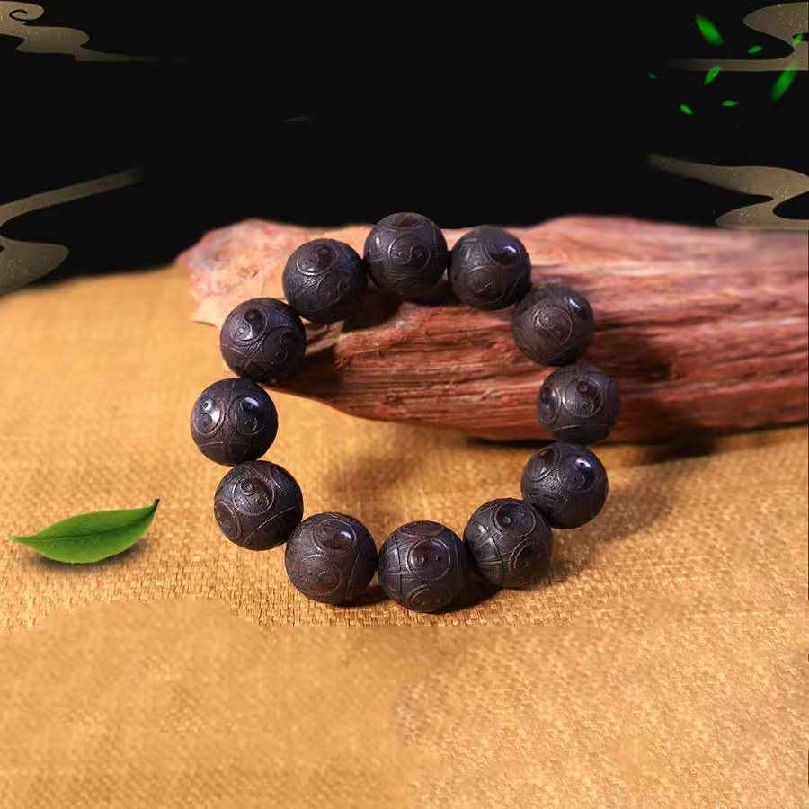 Ebony Taiji Bagua Bracelet - Yin Yang Carved Wooden Beads with Cosmic Harmony (15mm/20mm Sizes)