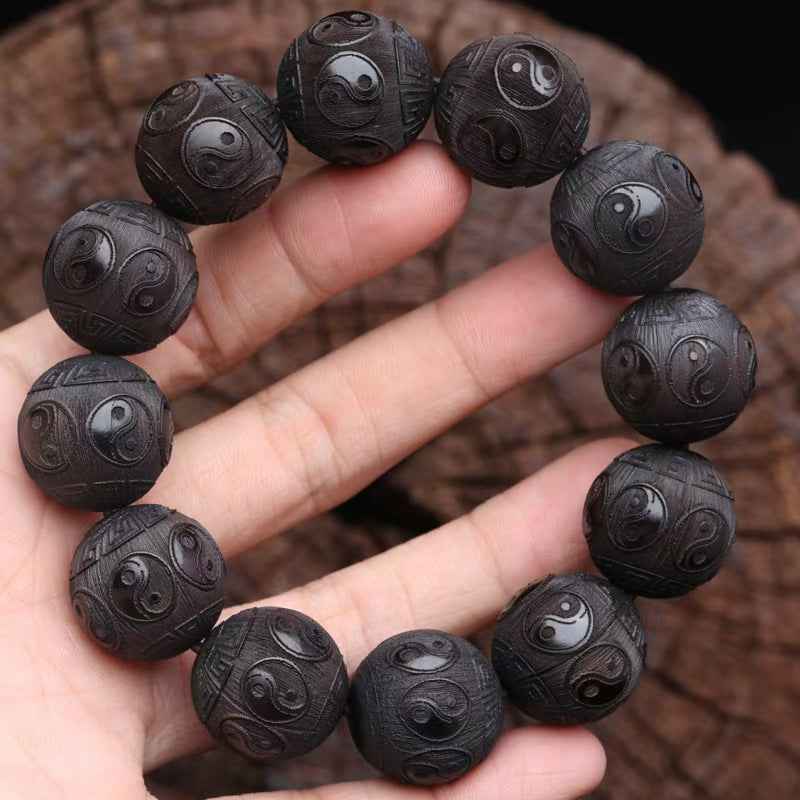 Ebony Taiji Bagua Bracelet - Yin Yang Carved Wooden Beads with Cosmic Harmony (15mm/20mm Sizes)