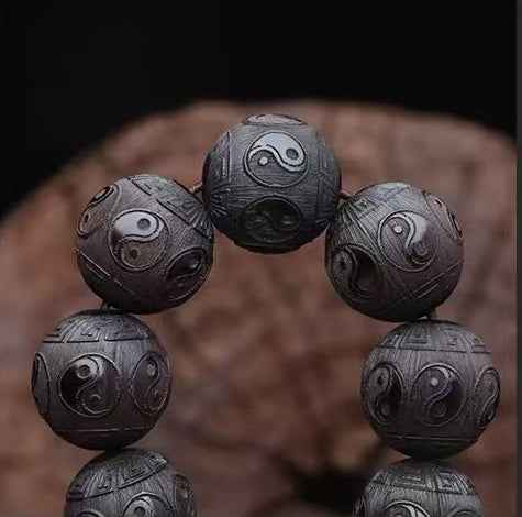 Ebony Taiji Bagua Bracelet - Yin Yang Carved Wooden Beads with Cosmic Harmony (15mm/20mm Sizes)