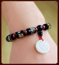 Five Elements Obsidian Jade Bracelet - Hetian Black Jade & White Jade Talisman (18cm Circumference)