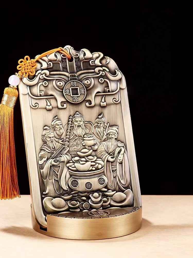 Five Paths Wealth Gods Brass Altar Set - Solid Copper Feng Shui Statue with Guardian Beasts (428g｜Ritual-Grade)