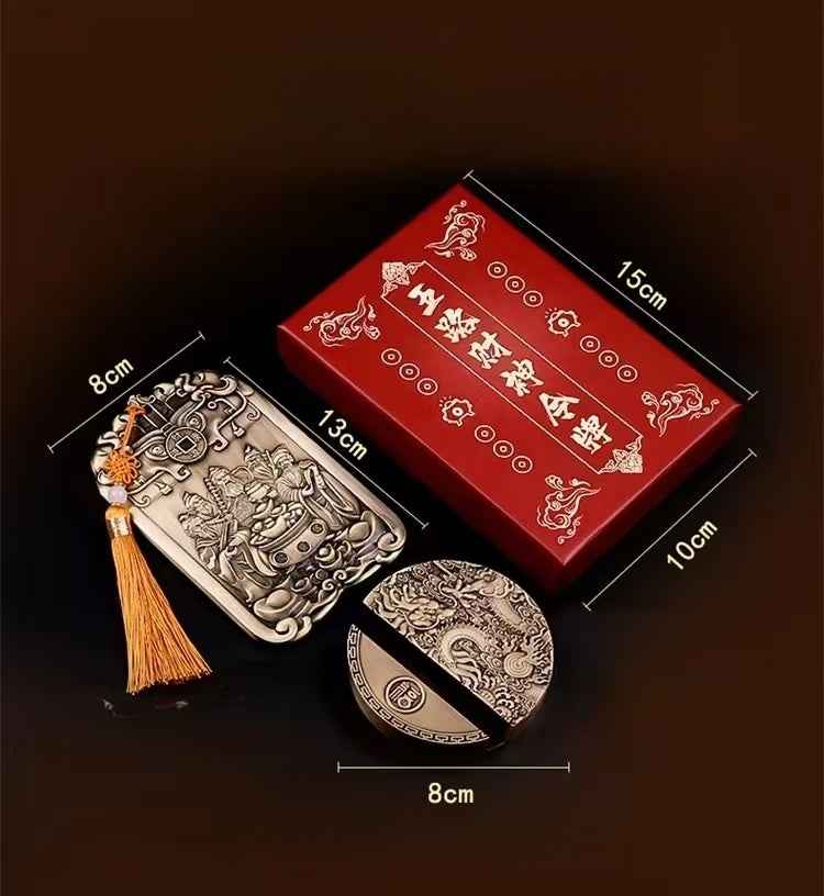 Five Paths Wealth Gods Brass Altar Set - Solid Copper Feng Shui Statue with Guardian Beasts (428g｜Ritual-Grade)
