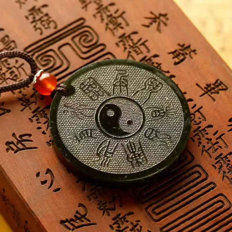 Hetian Bi Jade "Five Sacred Peaks" Pendant – Tai Chi & Wu Yue Zhen Xing Talisman (3.8cm)