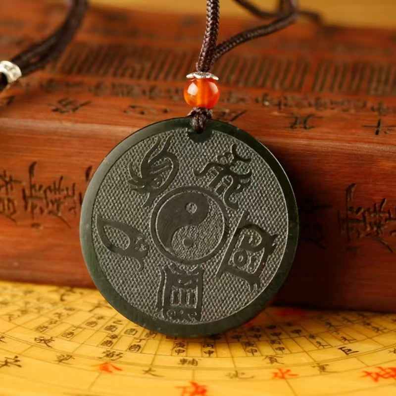 Hetian Bi Jade "Five Sacred Peaks" Pendant – Tai Chi & Wu Yue Zhen Xing Talisman (3.8cm)