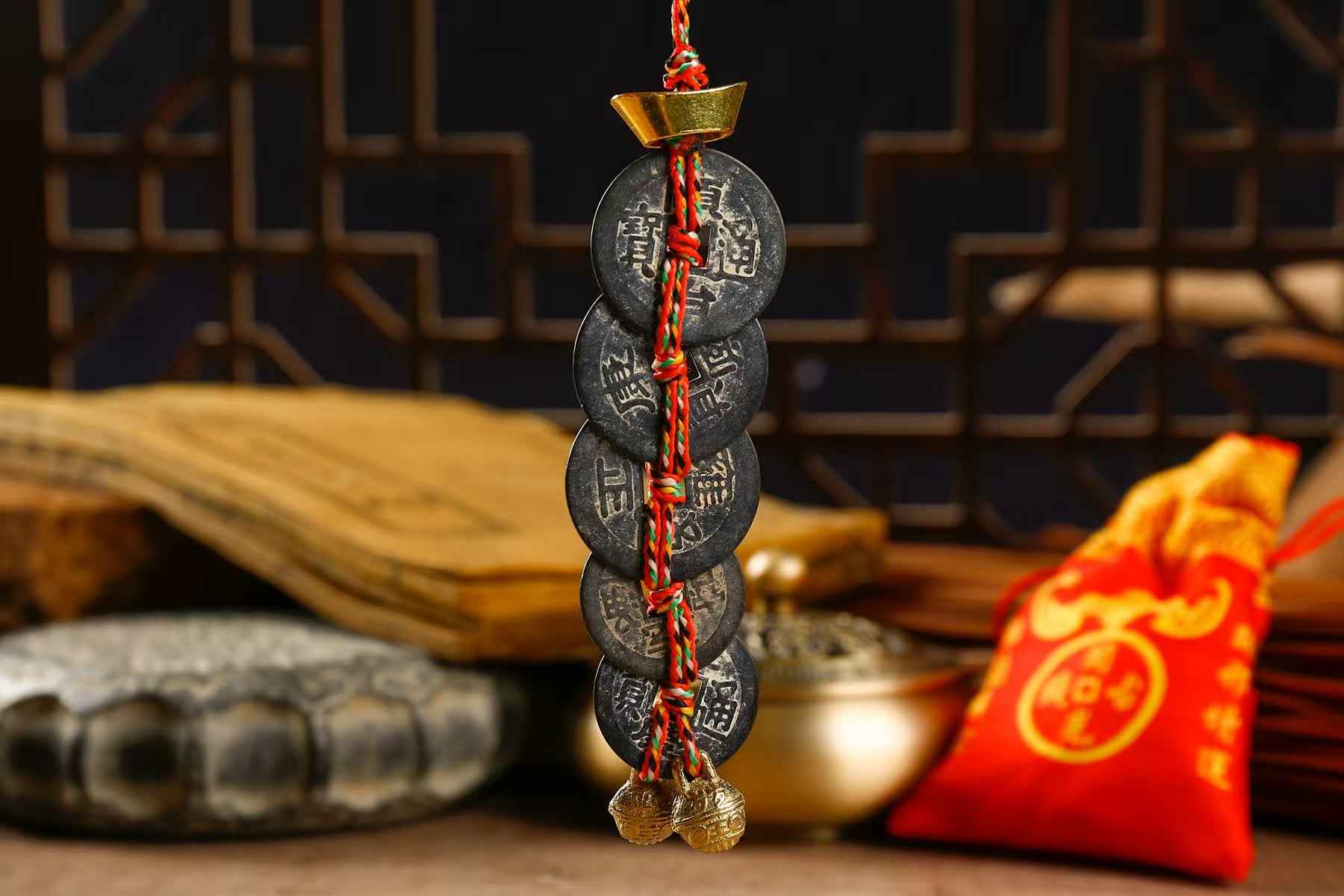 Antique-style Five &amp; Six Emperor Coins Amulet – Feng Shui Wealth Charm Hanging Decor