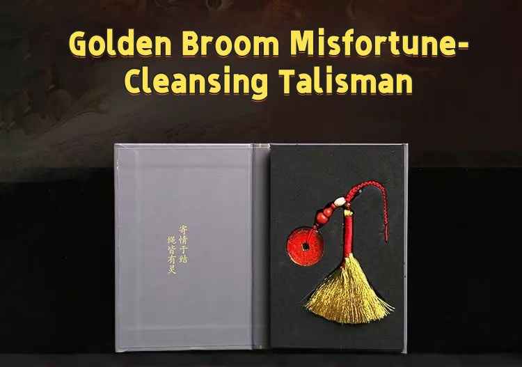 Golden Broom Misfortune-Cleansing Talisman (Bagua Coin Charm for Repelling Petty Enemies &amp; Bad Luck)
