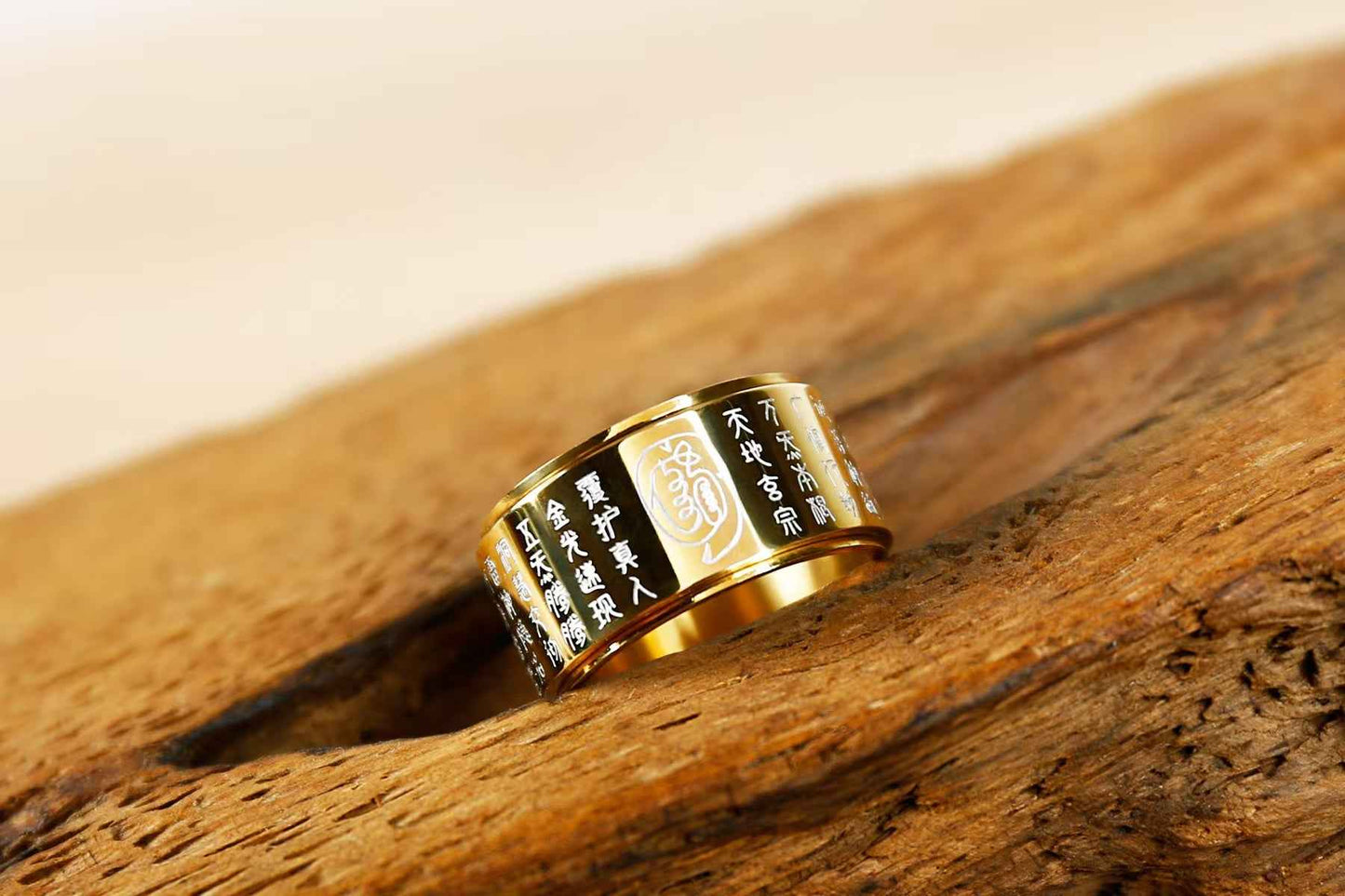 Golden Light Mantra Titanium Steel Rotating Ring – Taoist Symbol Spinner Band (18mm)