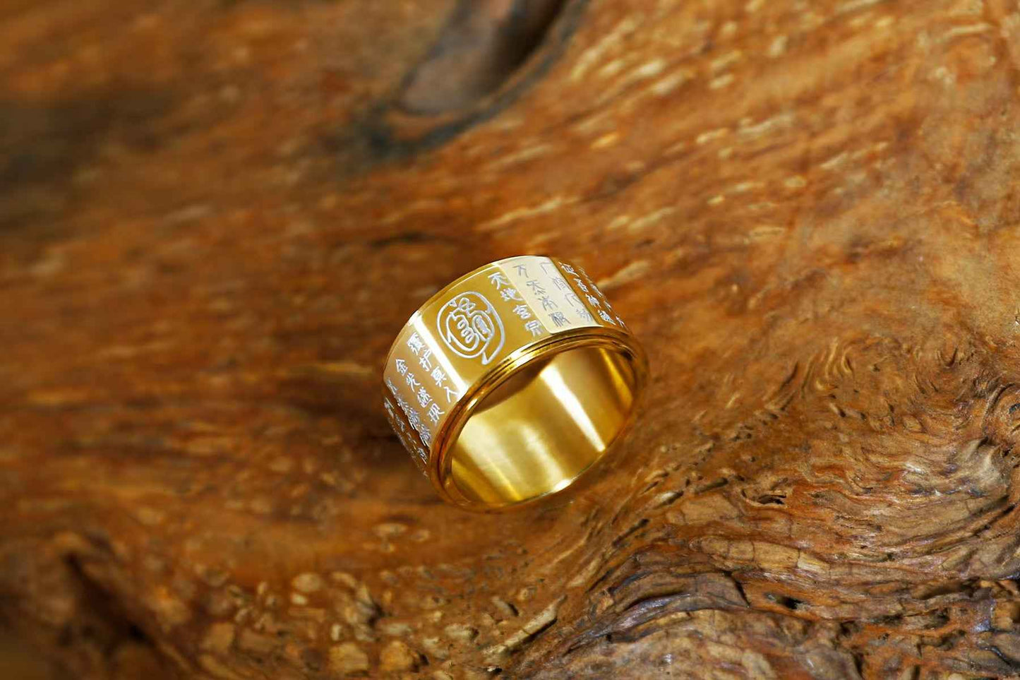 Golden Radiance Tungsten Ring - Engraved Taoist Mantra Jewelry (19mm Inner Diameter)