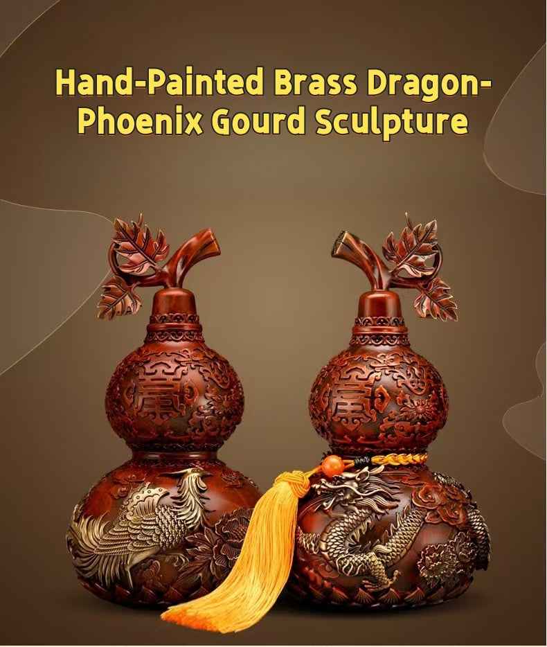 Hand-Painted Brass Dragon-Phoenix Gourd Sculpture – Harmonious Feng Shui Talisman in Three Sizes