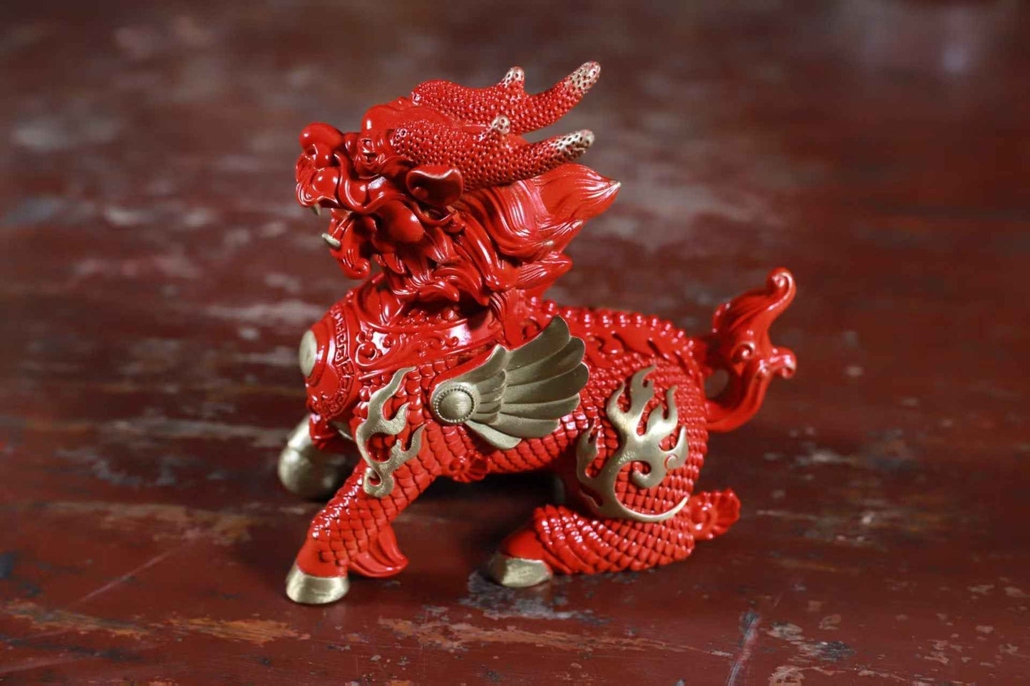 Hand-Painted Brass Red Qilin Sculpture – Feng Shui Prosperity Guardian in Three Sizes