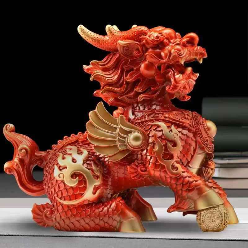 Hand-Painted Brass Red Qilin Sculpture – Feng Shui Prosperity Guardian in Three Sizes