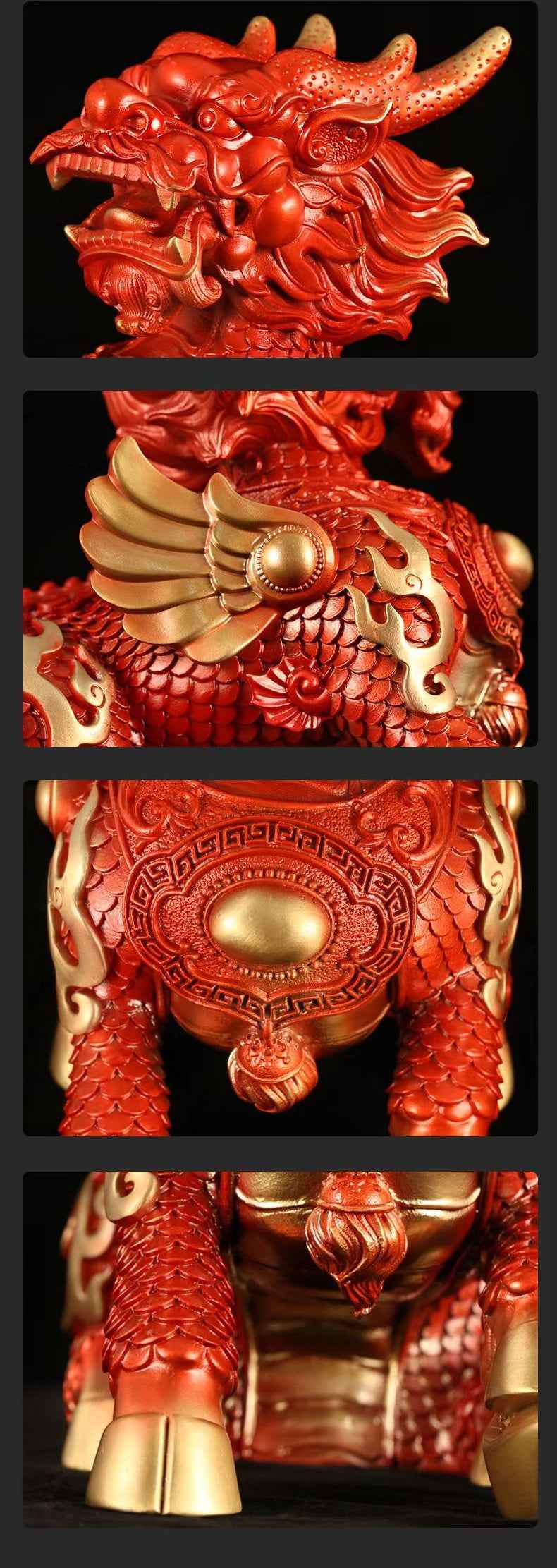 Hand-Painted Brass Red Qilin Sculpture – Feng Shui Prosperity Guardian in Three Sizes