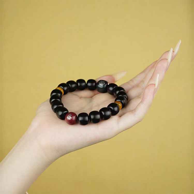Harmonic Elements Bracelet - Hetian Jade & Silver-Inlaid Rosewood Beads with Amber & Cinnabar