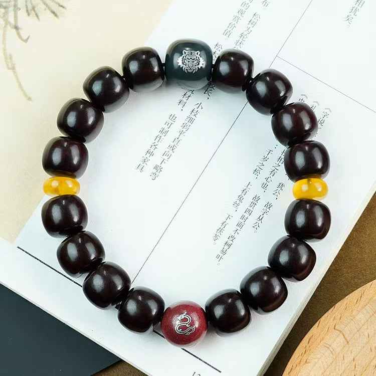 Harmonic Elements Bracelet - Hetian Jade & Silver-Inlaid Rosewood Beads with Amber & Cinnabar