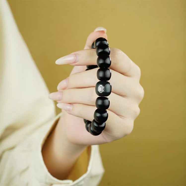 Harmonic Elements Bracelet - Hetian Jade & Silver-Inlaid Rosewood Beads with Amber & Cinnabar