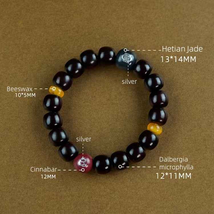 Harmonic Elements Bracelet - Hetian Jade & Silver-Inlaid Rosewood Beads with Amber & Cinnabar