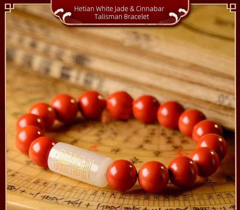 Hetian White Jade & Cinnabar Talisman Bracelet – Spiritual Harmony & Artisanal Mastery