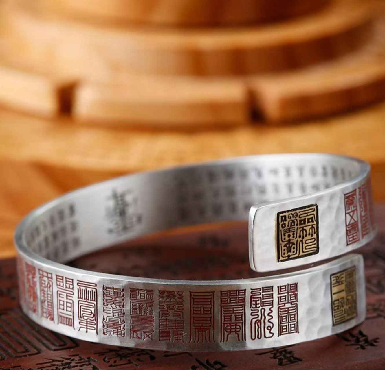 Mystic Cloud Seal Silver Bangle - Adjustable Ancient Rune Bracelet in Pure Silver (12mm｜46g)